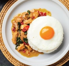 Stir-Fried Chicken with Basil Leaves and Fried Egg on Rice