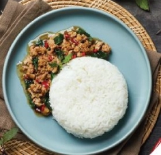 Stir-Fried Pork with Basil Leaves and Fried on Rice